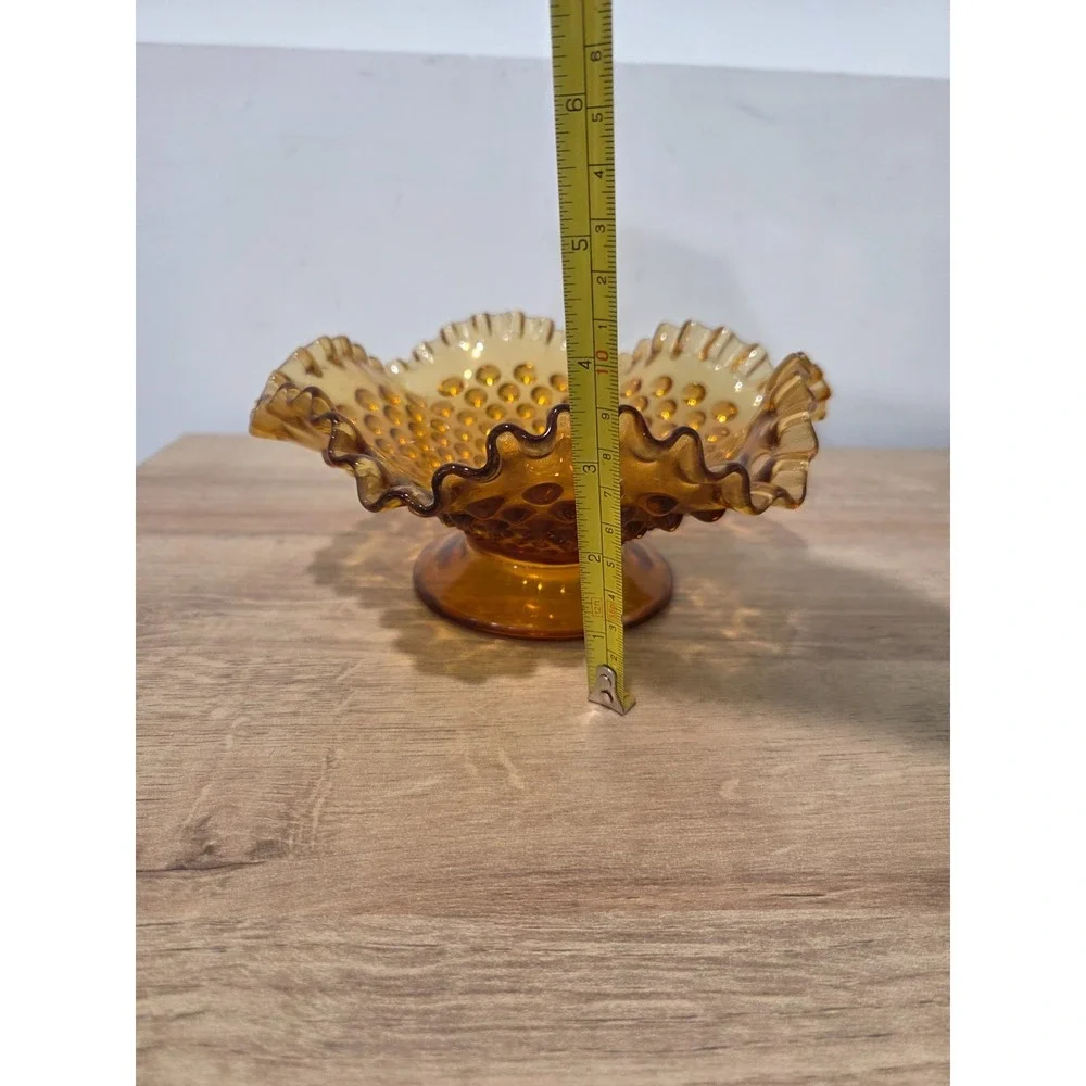Vintage Fenton Hobnail Amber Candy Dish Footed Ruffled Edge 8''